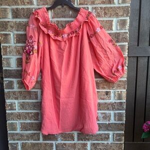 Umgee Coral Floral Embroidered Mini Dress